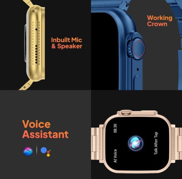 Golden Ultra Bluetooth Calling Smartwatch – Wireless Charging, AirPods, Extra Bands & Watch Case - Image 2