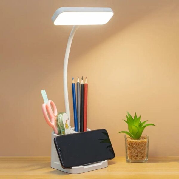 USB Rechargeable LED Table Lamp – Eye Protection Desk Lamp with Phone & Pen Holder (Touch Control)